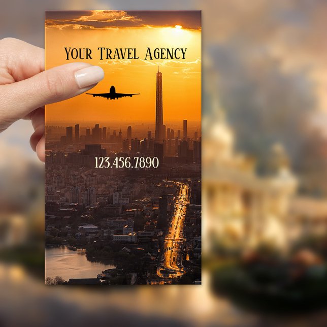 Carte de visite de l'agence de voyage Chine (Business card featuring a plane at sunset above a Chinese city - China - travel - travel agent)