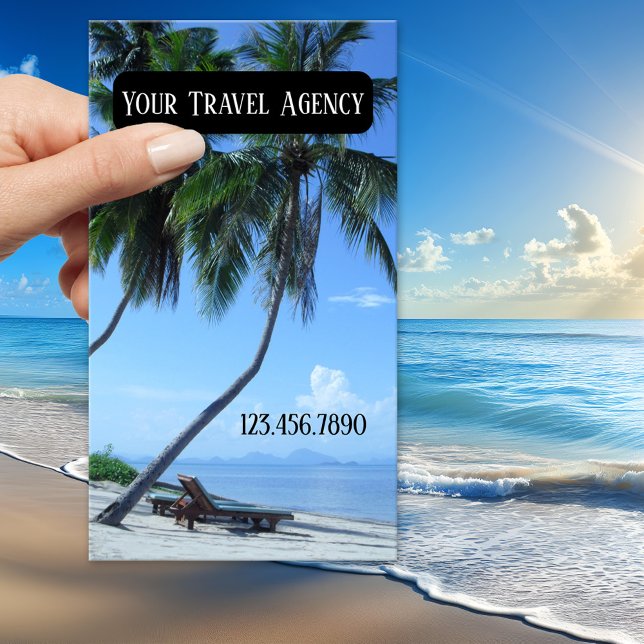 Carte de visite de l'agence de voyages Tropical (Business card featuring a palm tree at the beach - travel agency - travel - tropical - beach)