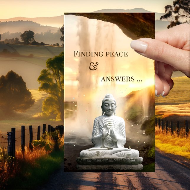 Carte de visite de lecture de conseil spirituel Bo (Business card featuring a statue of the Buddha in front of a waterfall at sunset - spiritual )