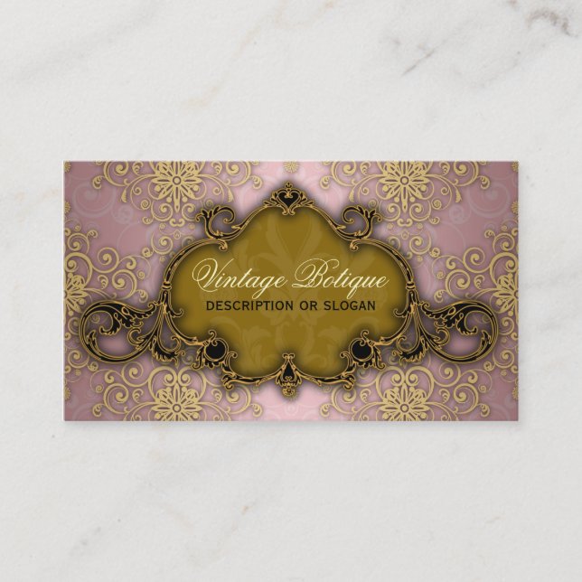 Carte de visite de luxe damassé rose et or pour bo (Devant)