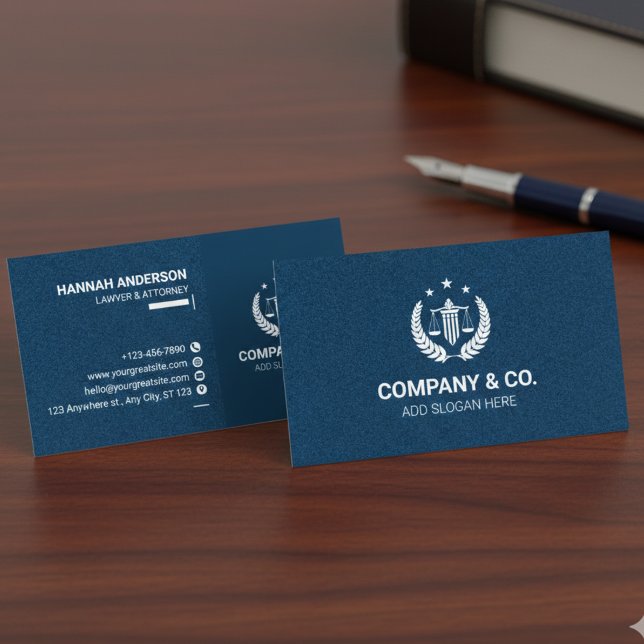 Carte de visite de luxe pour avocat en cuir Navy  (Luxury Navy Leather Look Attorney Business Card with Logo)