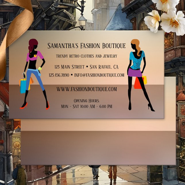 Carte de visite de magasin de vente au détail de m (Fashion business card featuring images of two women with shopping bags on a faded background)