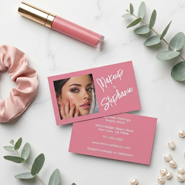 Carte de visite de maquillage à écriture rose et b (Créateur téléchargé)
