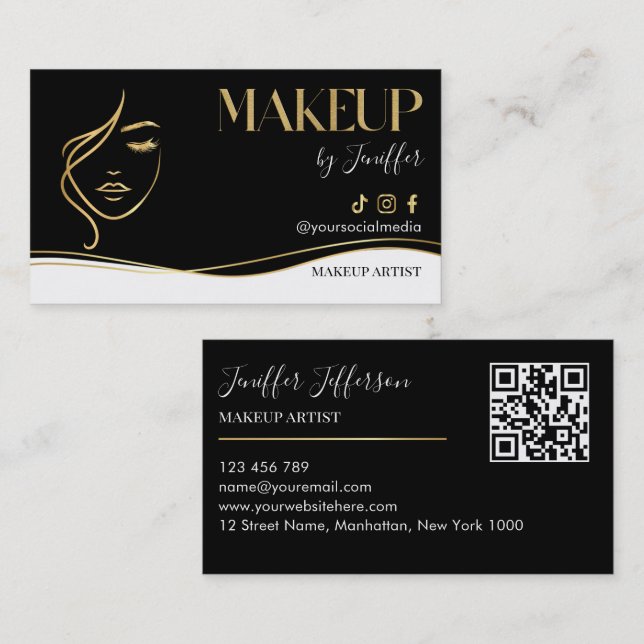 Carte de visite de maquilleur Luxe Noir & Or (Devant / Derrière)