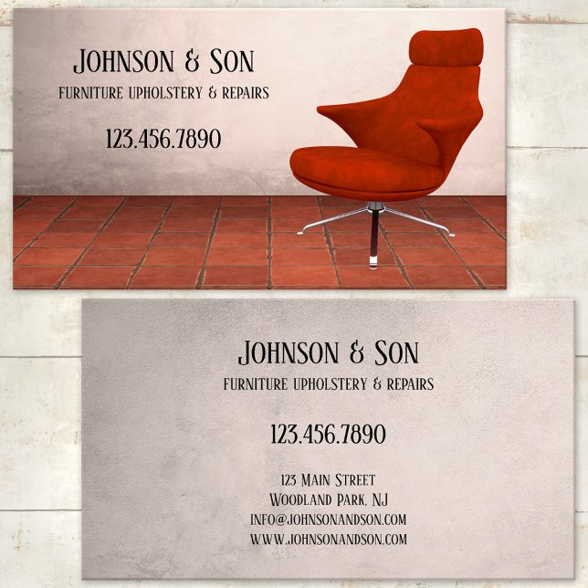 Carte de visite de meubles (Professional furniture and upholstery or repair business card featuring a red retro chair)