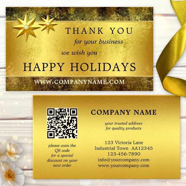 Carte de visite de Noël Chic Gold Merci QR (Elegant Christmas business card featuring a gold stylized design with stars and your custom QR code)
