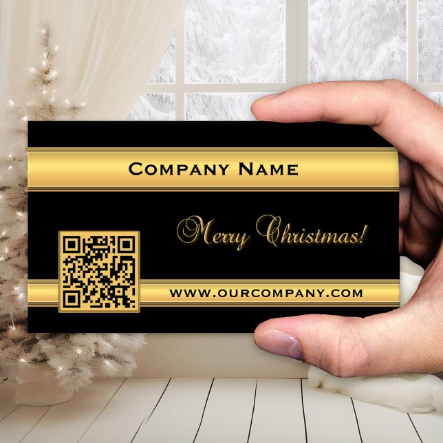 Carte de visite de Noël noir et or chic (Elegant Christmas holidays business card in chic black and gold with QR code template)