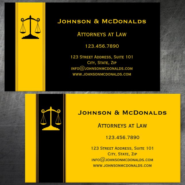 Carte de visite de Ocher Black Gold Law Offices (Business card featuring scales to represent a law firm - lawyer - attorney at law - judge - legal)