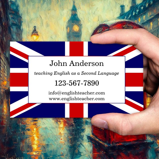Carte de visite de professeur d'anglais (Business card for a teacher of the English language with the British flag)