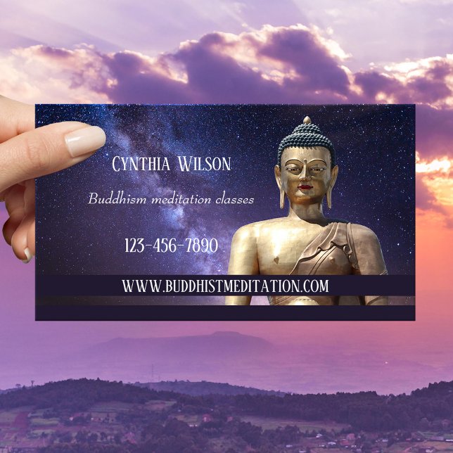 Carte de visite de professeur de méditation bouddh (Spiritual meditation business card featuring an image of the Buddha on a galaxy Milky Way background)
