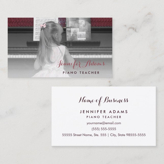 Carte de visite de professeur de piano avec jolie  (Devant / Derrière)