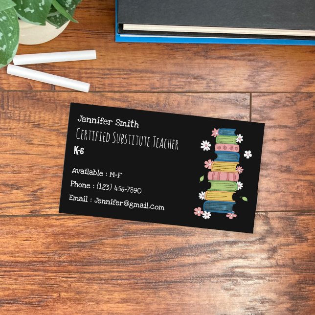 Carte de visite de professeur suppléant Fleurs Liv (Faux chalkboard , books and flowers educator standard business card .)