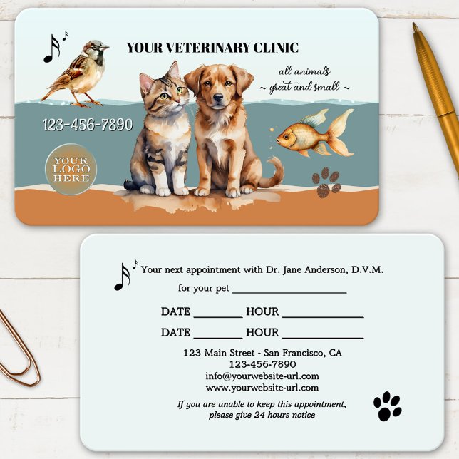 Carte de visite de rendez-vous de clinique vétérin (Professional business card for a veterinarian or pet clinic featuring watercolor animals)