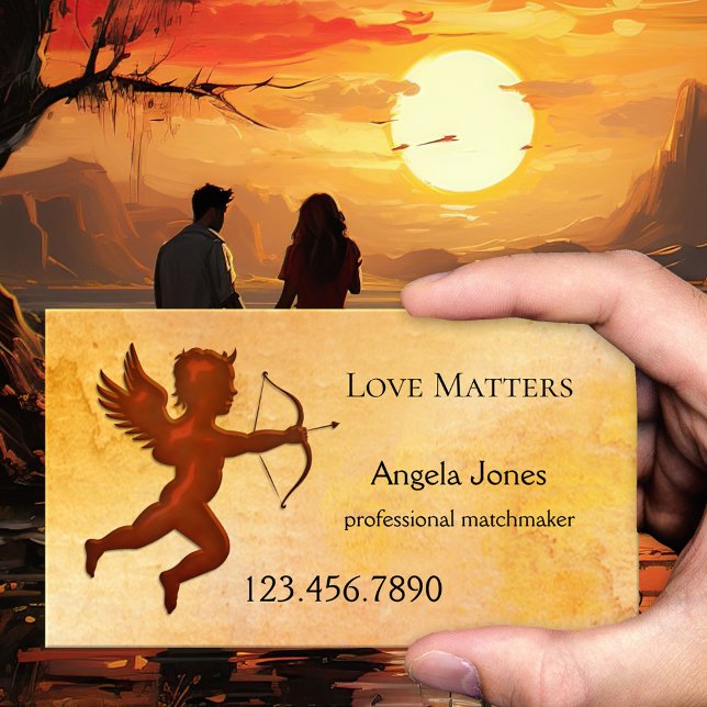 Carte de visite de rendez-vous de Cupidon (A romantic business card featuring Cupid with his arrow on watercolor - matchmaker - online dating)