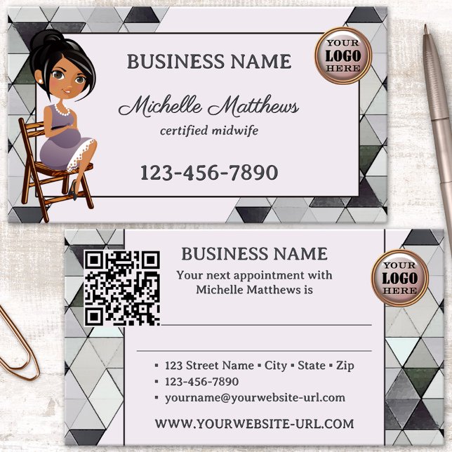 Carte de visite de rendez-vous de sage-femme Water (Business card for a midwife or doula featuring a watercolor triangle pattern and a pregnant woman)