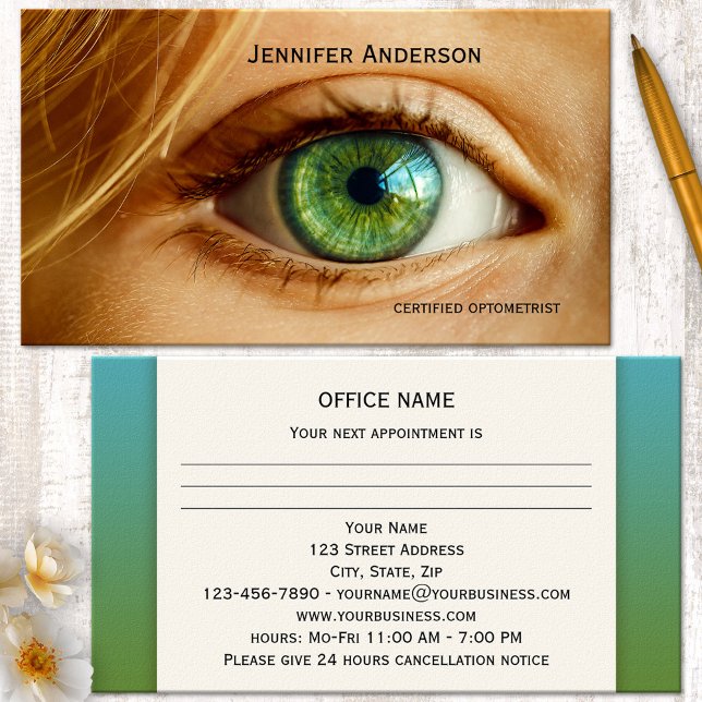 Carte de visite de rendez-vous pour soins oculaire (Appointment business card for an optometrist, optician or ophthalmologist, featuring a green eye)