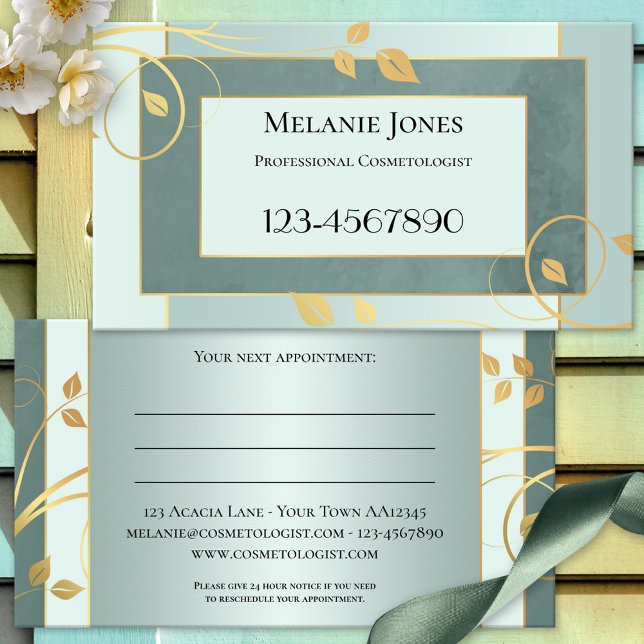 Carte de visite de rendez-vous Sage Green Gold Flo (Appointment business card featuring a modern design with golden leaves on sage and pine green)