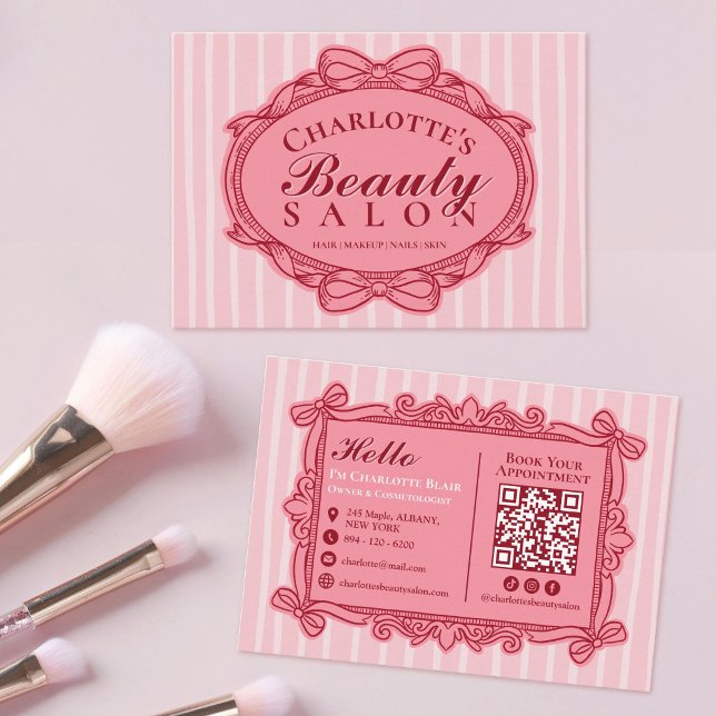 Carte de visite de salon de beauté à cadre à ruban (Pink Vintage Bow Frame Beauty Salon Business Card)