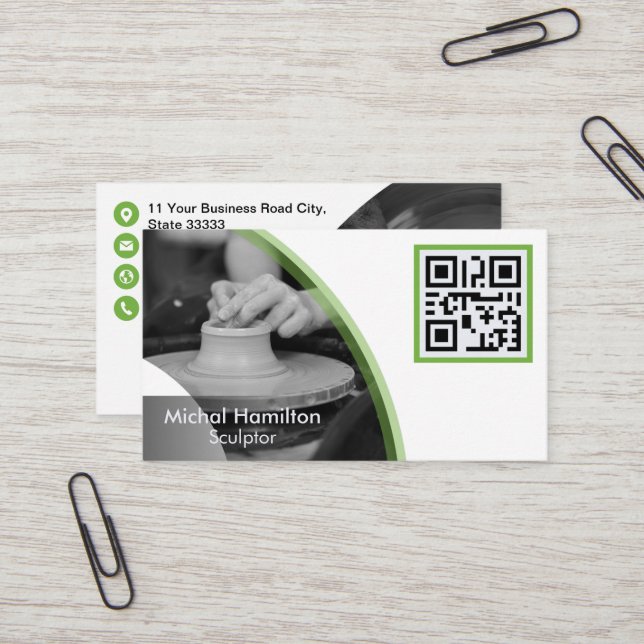 Carte de visite de sculpteur vert moderne (Devant/Arrière en situation)