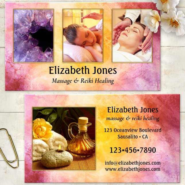 Carte de visite de soins de massage Reiki (Business card featuring your photos framed by an abstract artistic ocher purple background)