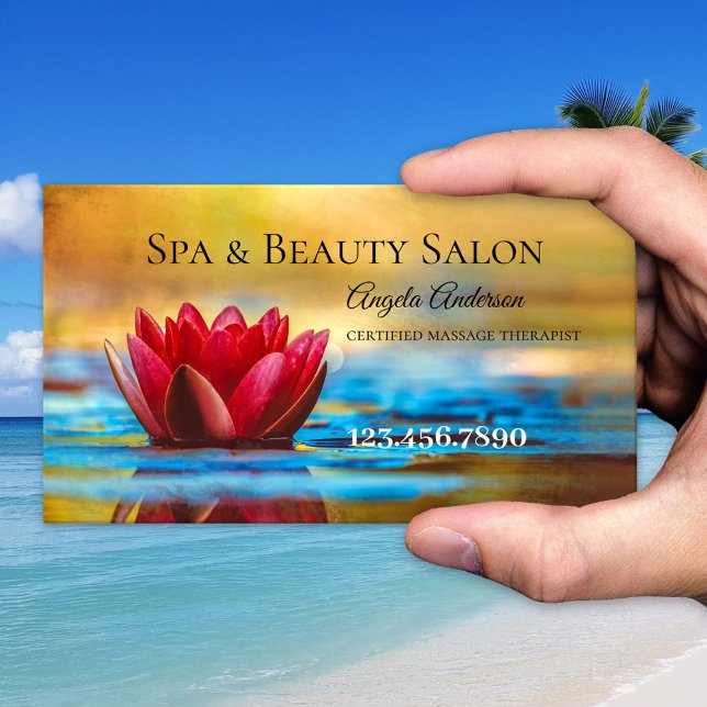 Carte de visite de Spa Beauté Massage Water Lily (Business card featuring a painting of a colorful water lily. Spa, beauty salon or massage therapist)