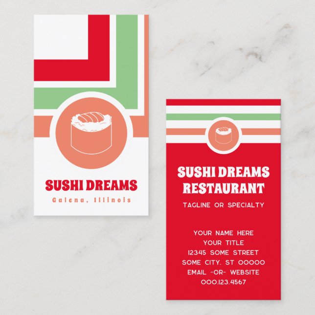 Carte de visite de sushi chic rayé (Devant / Derrière)