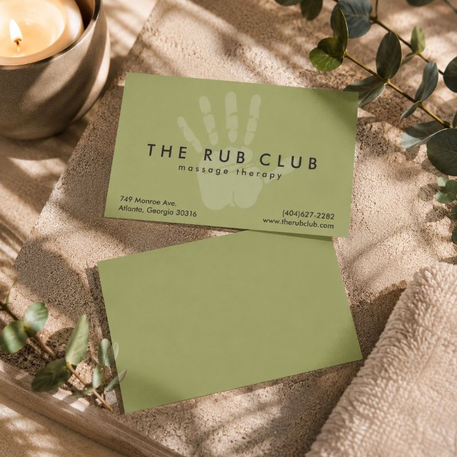 Carte de visite de thérapie de massage à empreinte (Green Handprint Massage Therapist Business Card)