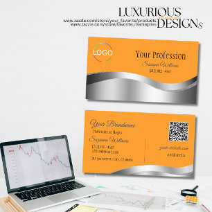 Carte De Visite Décor argenté orange classique avec logo QR Code