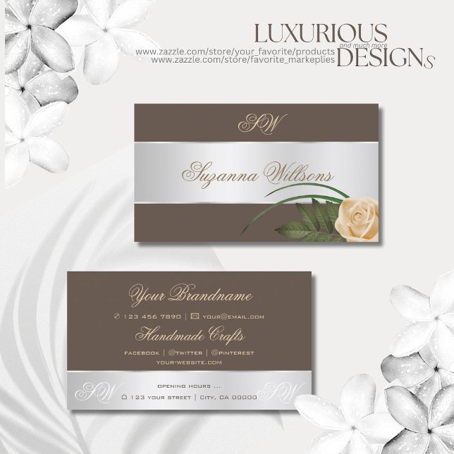 Carte De Visite Décor Brown Argent Joli Fleur Rose avec Initiales (Créateur téléchargé)