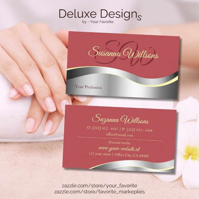 Carte De Visite Décor chic indien rouge ondulé avec initiales (Créateur téléchargé)