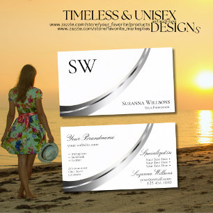 Carte De Visite Décor classique blanc argenté avec monogramme