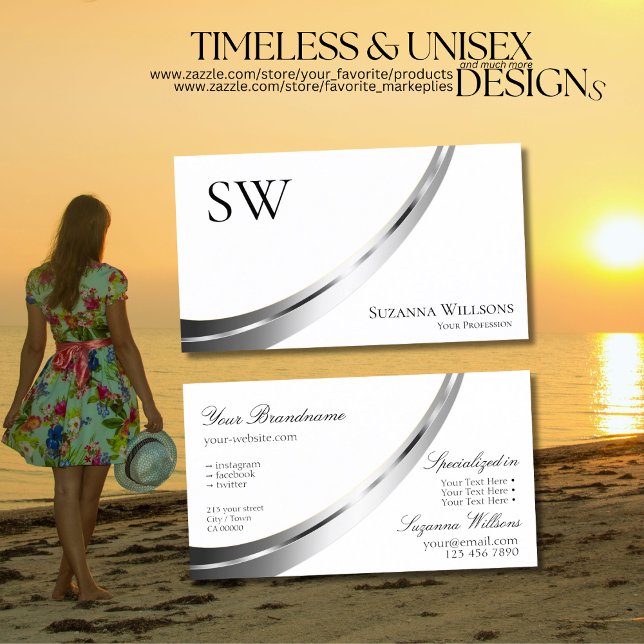 Carte De Visite Décor classique blanc argenté avec monogramme (Créateur téléchargé)