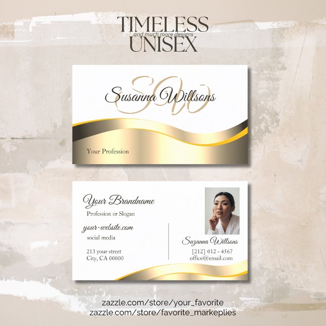 Carte De Visite Décor classique blanc Wavy Gold avec Initiales Pho (Créateur téléchargé)