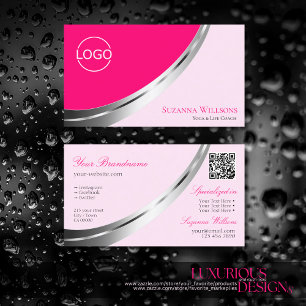 Carte De Visite Décor d'argent rose élégant avec logo et code QR