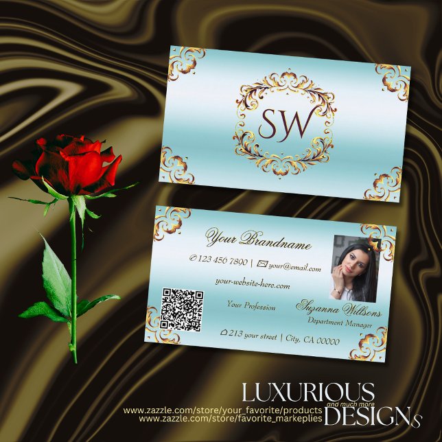 Carte De Visite Décor Noble Ice Blue Monogramme Photo QR Code (Créateur téléchargé)