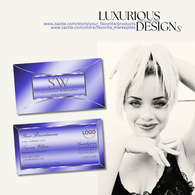 Carte De Visite Décor Royal Bleu Argent avec Monogramme et logo (Créateur téléchargé)