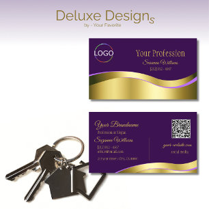 Carte De Visite Décor Royal violet Wavy Gold avec logo QR Code