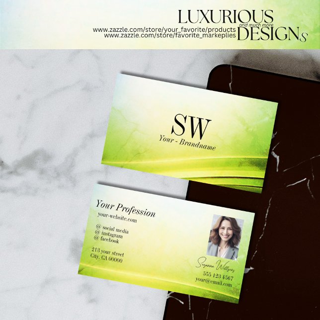 Carte De Visite Décor vert en marbre foncé Monogramme Photo (Créateur téléchargé)