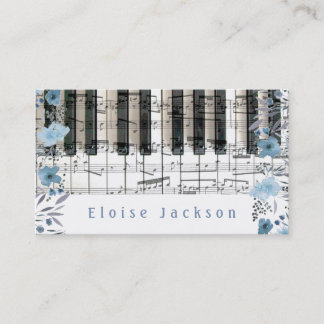 Carte De Visite décoration piano et fleurs bleues