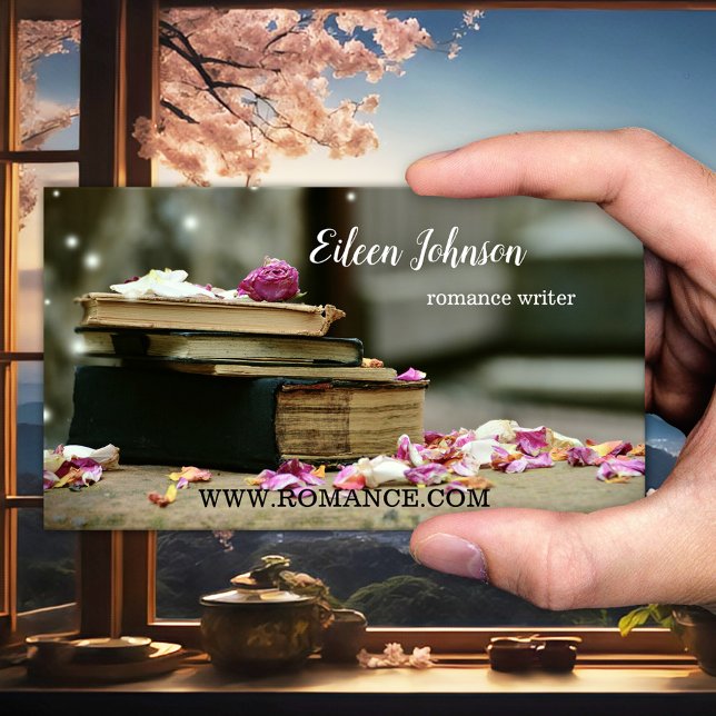 Carte de visite d'écrivain ou d'auteur de romans (Business card showing books with rose petals and sprinkles of magic. Beautiful for a romance author)