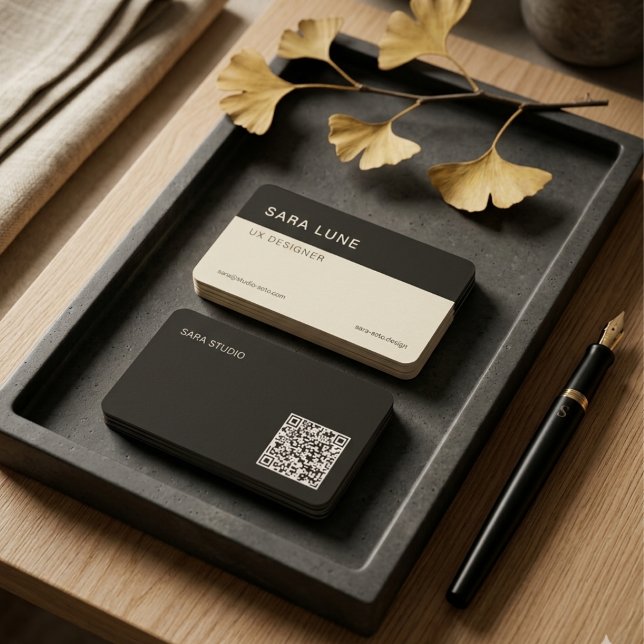 Carte De Visite Deep Black Japandi Minimal QR Code Designer Studio (Deep Black Japandi Minimal QR Code Designer Studio Business Card)