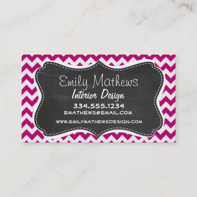 Carte De Visite Deep Cerise Chevron ; Retro Chalkboard look (Devant)