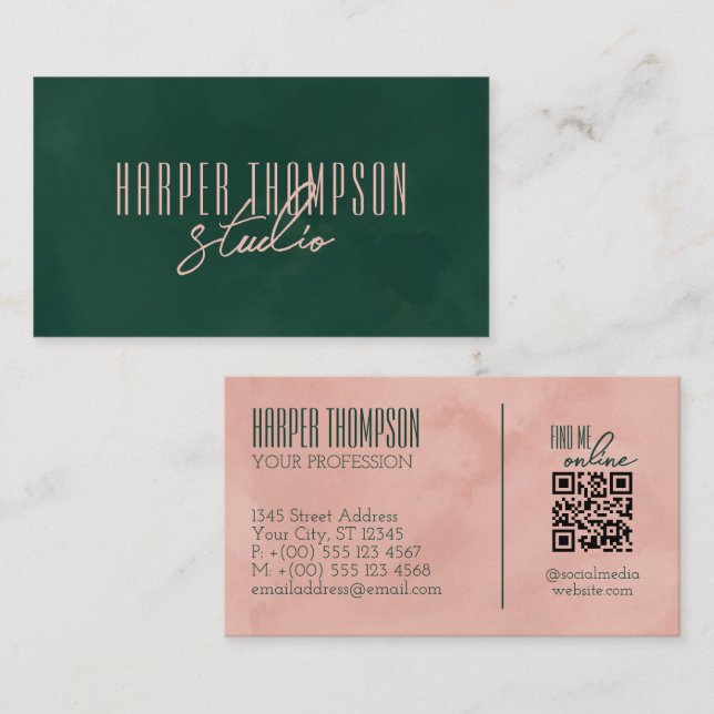 Carte De Visite Deep Green & Pink Stylish Signature Script (Devant / Derrière)