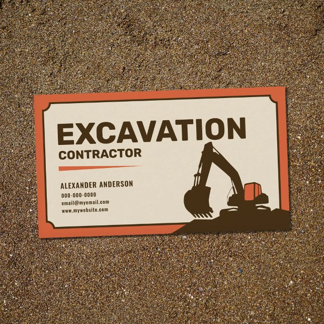 Carte De Visite Deep Orange & Marron - Entrepreneur de Terrassemen (Deep Orange & Brown - Excavation Contractor Business Card)