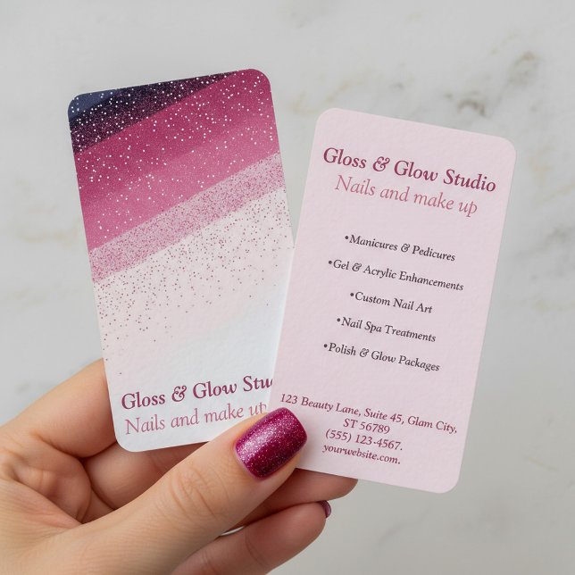 Carte De Visite dégradé de parties scintillant rose Elégant salon  (Pink glitter gradient Elegant nail salon beauty Business Card.)