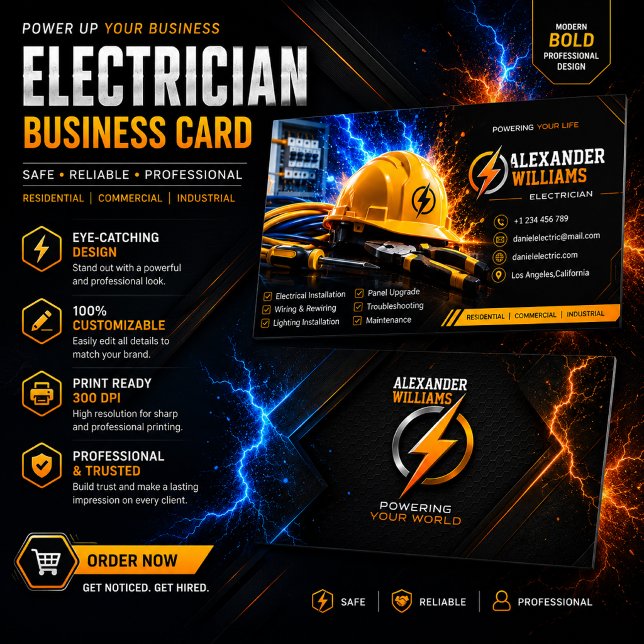 Carte de visite d'électricien moderne | MODIFIABLE (Créateur téléchargé)