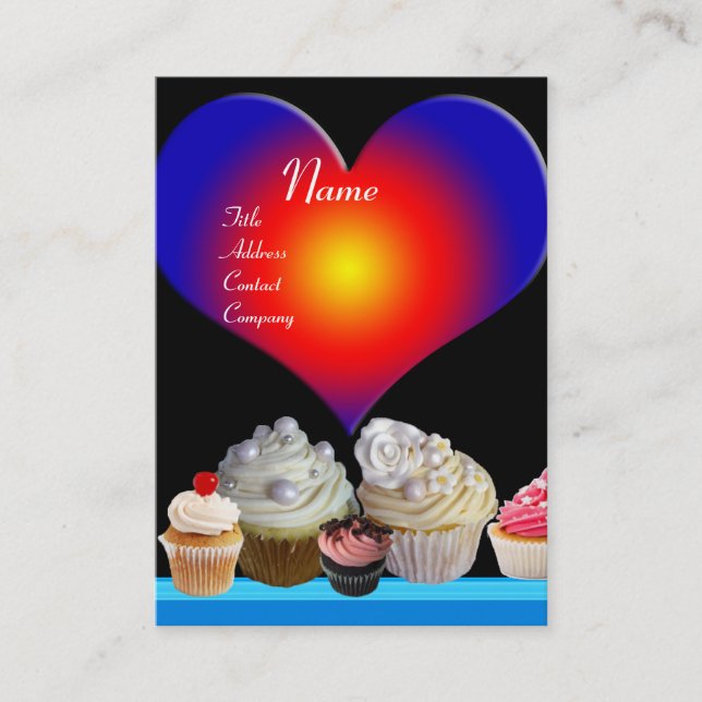 Carte De Visite DÉLICIEUX CUPCAKES DESERT SHOP Blue Red Heart (Devant)
