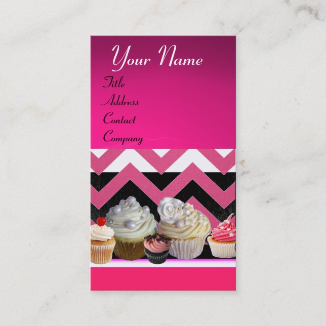 CARTE DE VISITE DÉLICIEUX CUPCAKES DESERT SHOP ROSE CHEVRON BLANC (Devant)