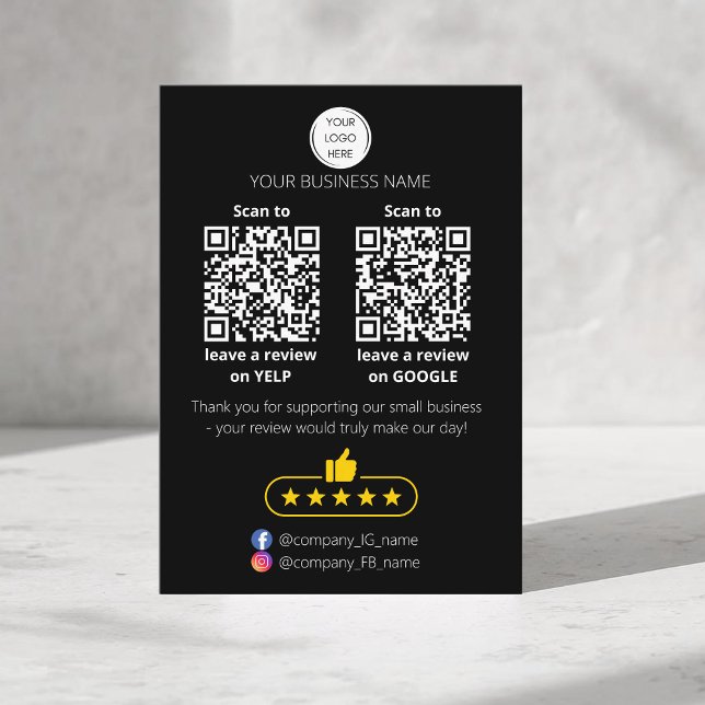 Carte De Visite Demande d'avis de petite entreprise sur GOOGLE et  (Black QR-code "leave a review" business card. Five stars review. Custom logo, yelp and google)