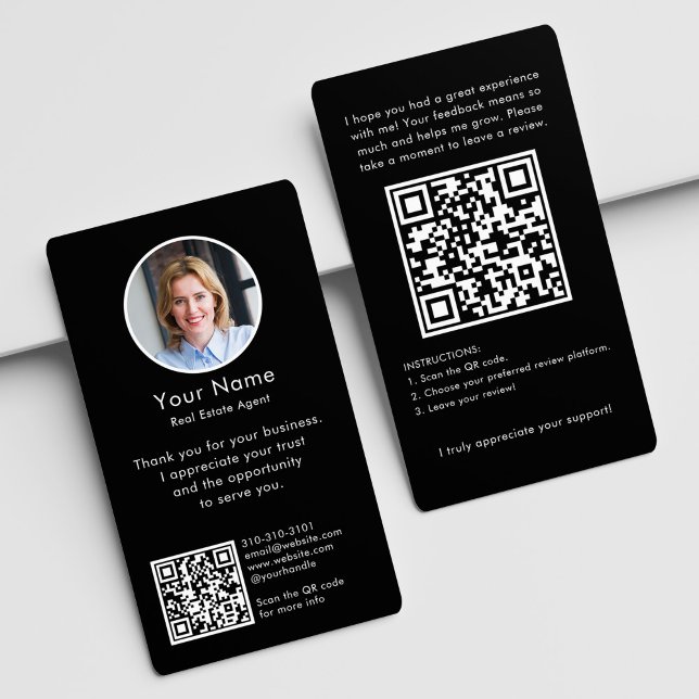 Carte De Visite Demande d'avis moderne avec code QR et photo noir (Créateur téléchargé)